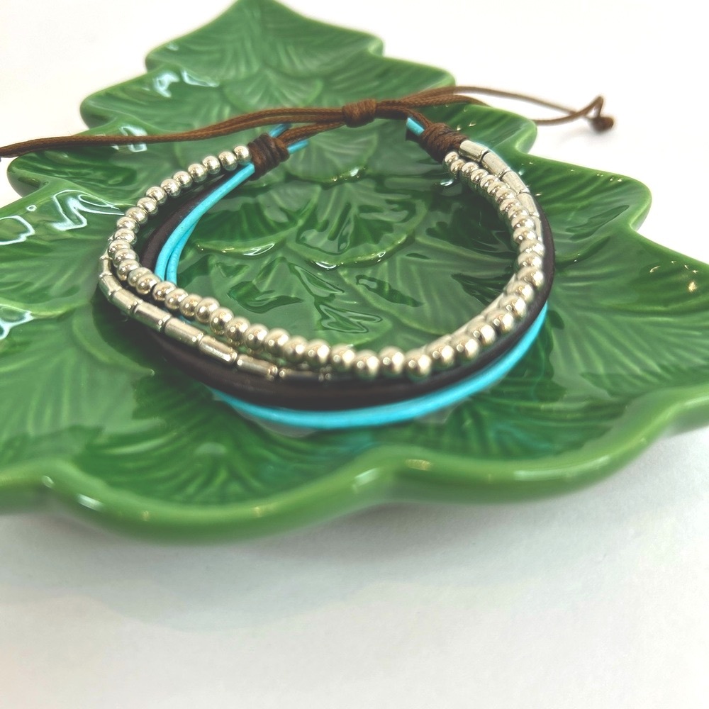 Bracelet, adjustable brown silver turquoise